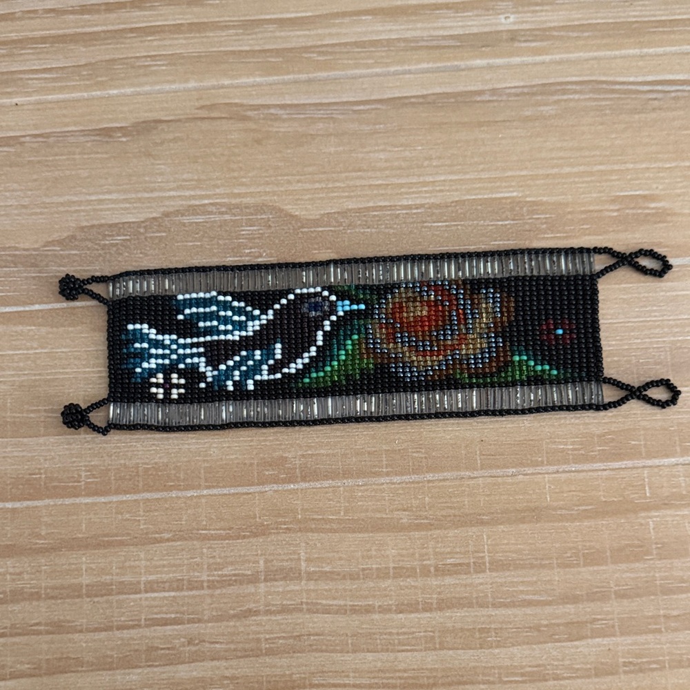 Handcrafted Beaded Bird & Rose Bracelet Black  & White